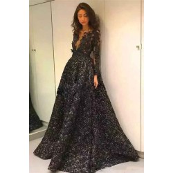 Gorgeous Black Elegant Long Sleevess Evening Dresses On Sale 3D Flowers Chic Open Back Prom Dresses