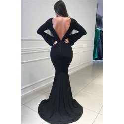 Deep Chic V-neck Open Back Black Prom Dresses Fit and Flare Elegant Long Sleeves Beads Tassels Evening Gown
