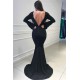 Deep Chic V-neck Open Back Black Prom Dresses Fit and Flare Elegant Long Sleeves Beads Tassels Evening Gown