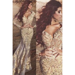 Gorgeous Long Sleeves Lace Appliques Prom Dresses Fit and Flare Beads Sheer Tulle Wholesale Evening Gowns