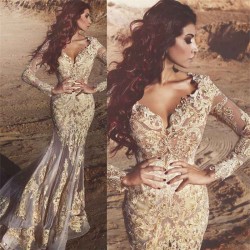 Gorgeous Long Sleeves Lace Appliques Prom Dresses Fit and Flare Beads Sheer Tulle Wholesale Evening Gowns