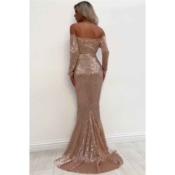 Unique Off-the-Shoulder Charming Sequins Wholesale Evening Dresses Elegant Long Sleeves Fit and Flare Prom Dresses On Sale