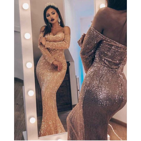 Unique Off-the-Shoulder Charming Sequins Wholesale Evening Dresses Elegant Long Sleeves Fit and Flare Prom Dresses On Sale
