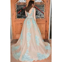 Complicated Straps Lace Appliques Overskirt Prom Dresses Open Back Sleeveless Nude Evening Gown with Belt