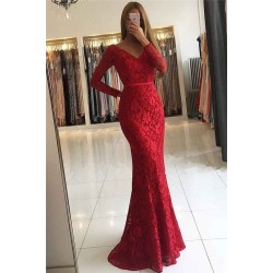 Chic V-neck Open Back Scarlet Lace Evening Dresses Elegant Long Sleeves Fit and Flare Wholesale Prom Dresses