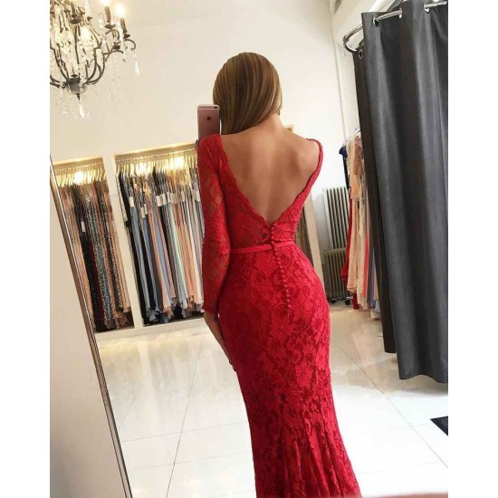 Chic V-neck Open Back Scarlet Lace Evening Dresses Elegant Long Sleeves Fit and Flare Wholesale Prom Dresses