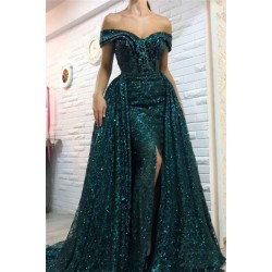 Dark Green Off-the-Shoulder Sparkle Long Evening Dresses Sheath Chic High Split Overskirt Prom Dresses