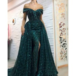 Dark Green Off-the-Shoulder Sparkle Long Evening Dresses Sheath Chic High Split Overskirt Prom Dresses