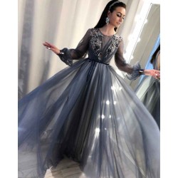 Trendy A-Line Tulle Evening Dresses Long Sleevess Applqiues Affordable Prom Dresses