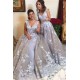 Glamourous V-Neck Sleeveless A-line Evening Dresses Affordable Lace Appliques Princess Prom Dresses On Sale