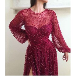 Illusion neck Scarlet Long Sleevess Side Slit Evening Dresses Flare sleeves Princess Beaded Prom Dresses with Bow