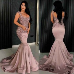 Chic Pink Mermaid Evening Dress Straps Appliques Long Formal Dresses