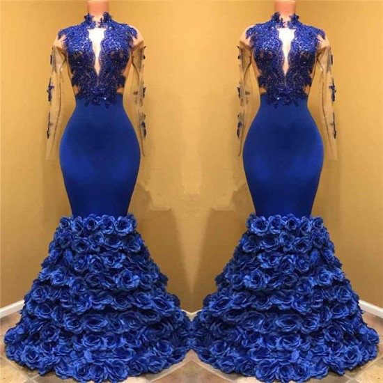 Gorgeous Royal Blue Prom Dresses Long Sleevess Evening Gowns with Rose Flowers