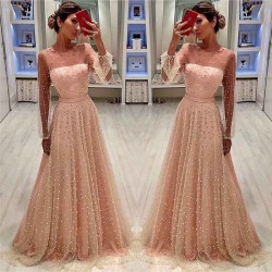 See Through Tulle Bubble Sleeves Prom Party Gowns| Full Beading Long Sleeves Evening Dresses