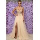 Chic V-Neck Sleeveless Long Evening Dresses Tulle Crystals Side Slit Prom Party Gowns