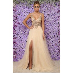 Chic V-Neck Sleeveless Long Evening Dresses Tulle Crystals Side Slit Prom Party Gowns