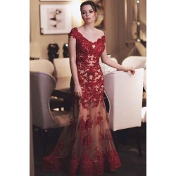 Sparkling Beading Burgundy Appliques Chic Evening Dresses Mermaid See Through Tulle Prom Party Gowns