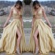 Chic Gold Two Pieces V-Neck Evening Dresses V-Neck Sleeveless Crystals Prom Party Gowns