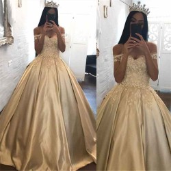 Off-the-Shoulder Champagne Gold Ball Gown Evening Dress Appliques Quinceanera Dresses