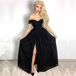 Affordable Chic Black Formal Dresses Off-the-Shoulder Front Slit Evening Dresses