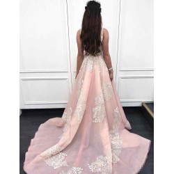 Gorgeous Pink Applique Straps Prom Dresses Ruffle Sleeveless Chic Evening Dresses
