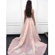 Gorgeous Pink Applique Straps Prom Dresses Ruffle Sleeveless Chic Evening Dresses