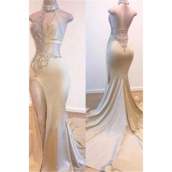 Crystal Halter Side Slit Prom Dresses A-Line Backless Sleeveless Evening Dresses