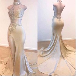 Crystal Halter Side Slit Prom Dresses A-Line Backless Sleeveless Evening Dresses