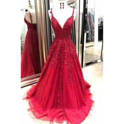 Gorgeous Spaghetti Strap Applique Prom Dresses Red Tulle Sleeveless Evening Dresses