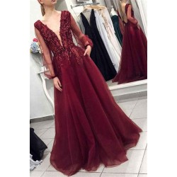 Maroon V-Neck Long Sleevess Applique Prom Dresses Tulle Evening Dresses with Beads
