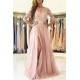 Gorgeous Applique Long Sleevess Prom Dresses Open Back Jewel Side Slit Evening Dresses with Belt