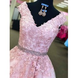 Amazing Pink Off-the-Shoulder Prom Dresses Applique Crystal Sleeveless Evening Dresses with Belt
