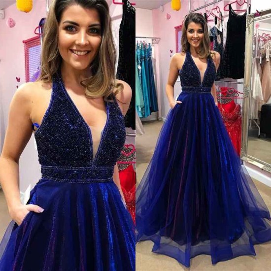 Elegant V-Neck Evening Dress Prom Party Gowns with Beadings