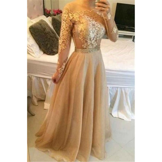 Off Shoulder Long Sleevess Sheer Prom Dresses A-line Crystals Chic Formal Evening Gowns