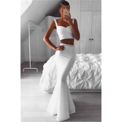 Gorgeous Two Pieces White Prom Party Gowns| Mermaid Beadings Evening Gowns On Sale