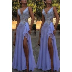 Chic See Through V-Neck Evening Dresses A-Line Sleeveless Lace Ball Dress