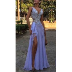 Chic See Through V-Neck Evening Dresses A-Line Sleeveless Lace Ball Dress
