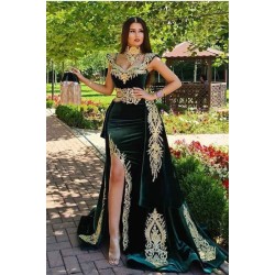 Dark Green Velvet Mermaid Evening Dress with Gold Lace appliques
