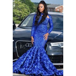 Long Sleeves Prom Party Gowns3D Floral Print Mermaid Evening Dress