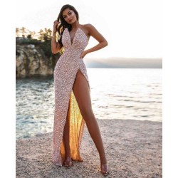 Charming Chic Deep V-Neck Sequins Side Split Prom Dress Glitter Evening Party Dress