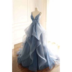 Gray Evening Dresses Tulle V-neck Ruffles Long Spaghetti Lace Beading Prom Party Gowns