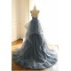 Gray Evening Dresses Tulle V-neck Ruffles Long Spaghetti Lace Beading Prom Party Gowns