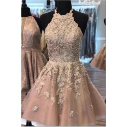 Halter Floral Appliques Mini Homecoming Dress Short Evening Prom Party Gowns