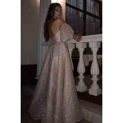 Sparkle Pearl Pink Sequined High Split A-line Prom Party Gowns with Bracelet