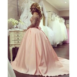 Off-the-Shoulder Long Sleeves Evening Dresses Lace Puffy Skirt Prom Dresses On Sale