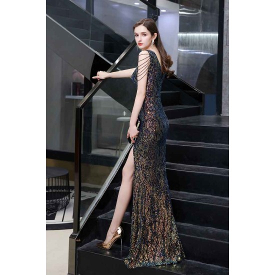 Sparkle V-neck High split Sleeveless Black Evening Dress On Sale