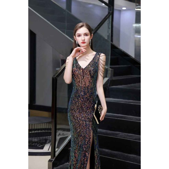Sparkle V-neck High split Sleeveless Black Evening Dress On Sale