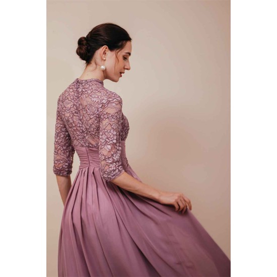 Elegant Violet 3/4 sleeves High waist Beaded Lace Chiffon Evening Dress