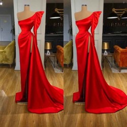 Bubble Sleeve One-shoulder Red High-split Long Evening Dress