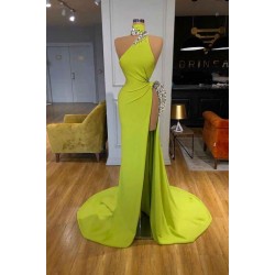 Unique Ginger yellow Triangle Neck Sexy high side-cut Long Evening Dress